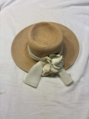 Toucan Collection New York Wide Brim Straw Boater Hat with White Chiffon Ribbon